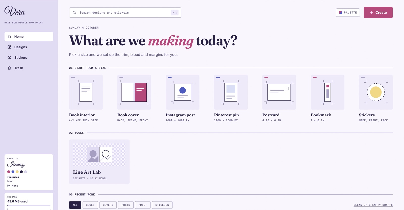 Vera dashboard showing design sizes, creative tools, and recent work